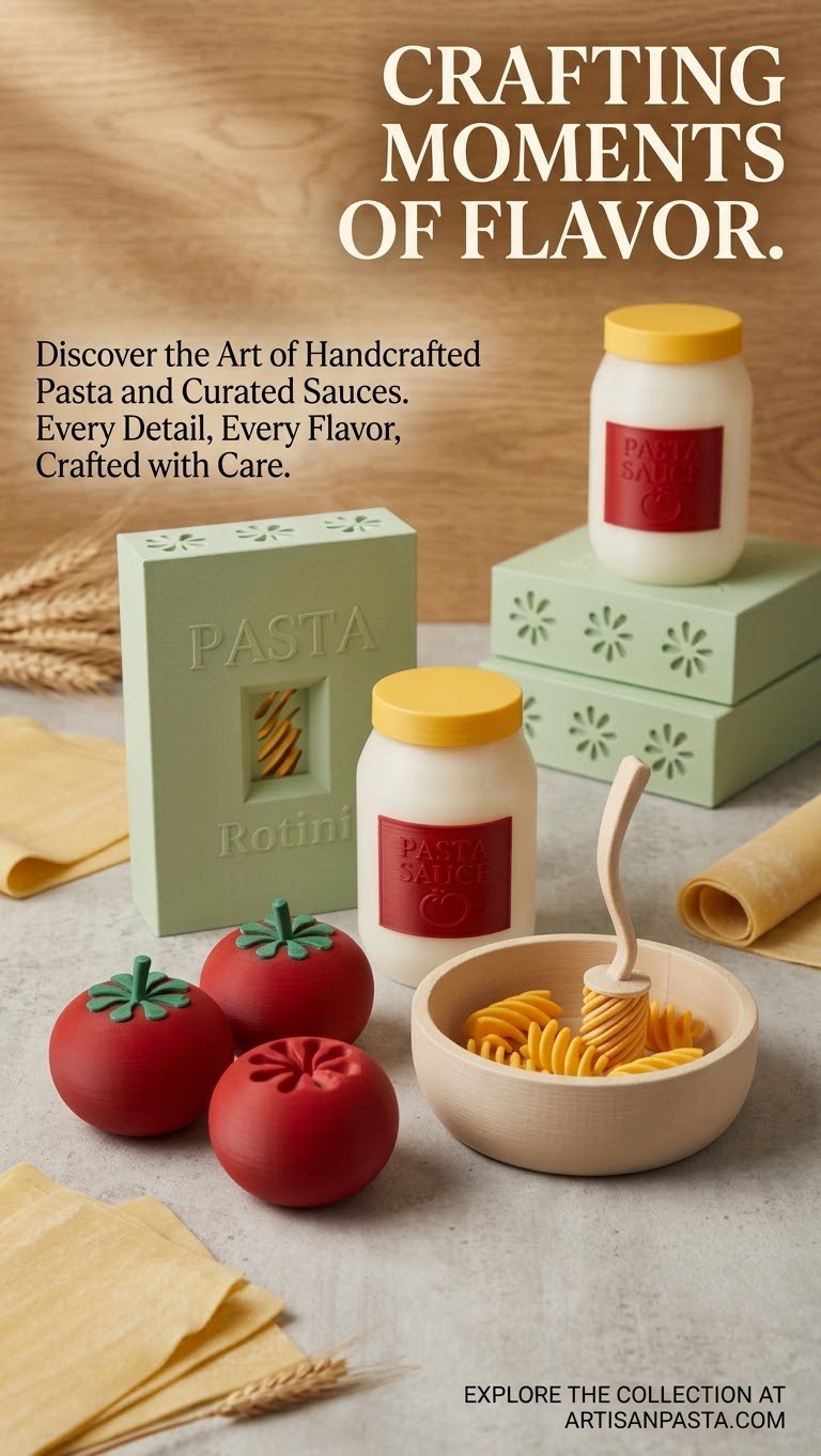 Illustrative arrangement of a 3D printed pasta set with pasta box, bowl, fork, tomatoes and sauce jars
