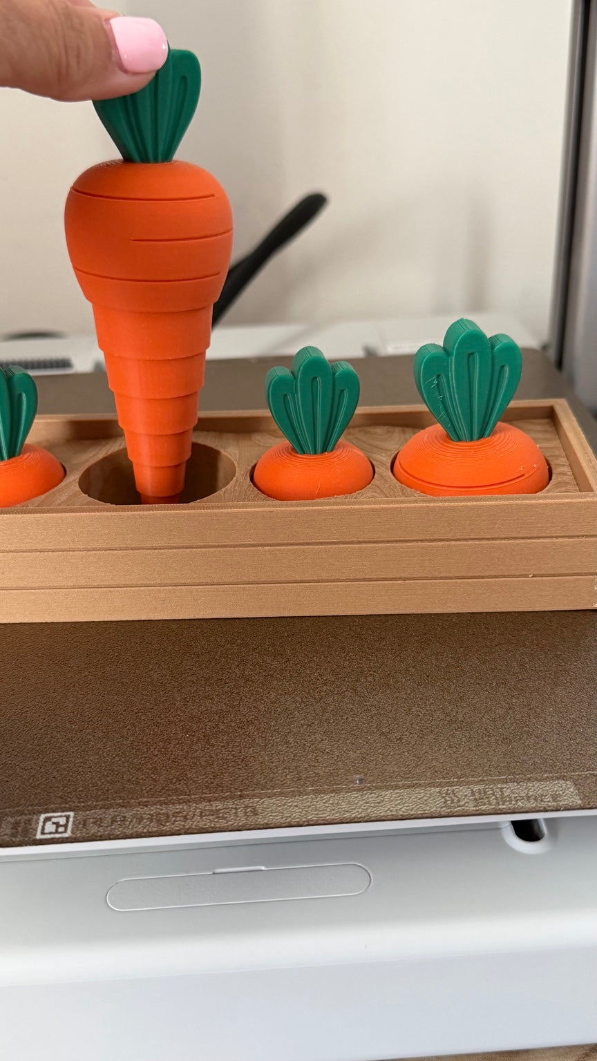 Orange telescopic carrot fidget extended above the brown holder