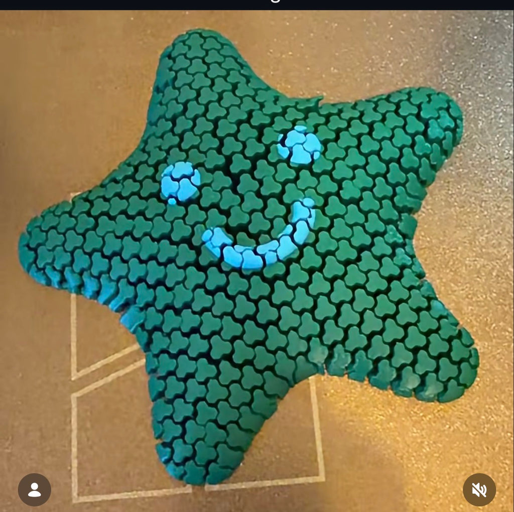 Green articulated star sensory fidget with a blue smiling face