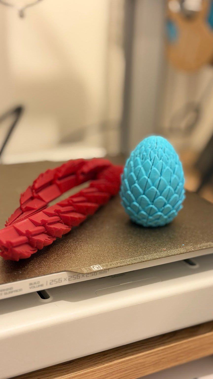 Turquoise dragon egg beside a red egg unfolded into a segmented shape