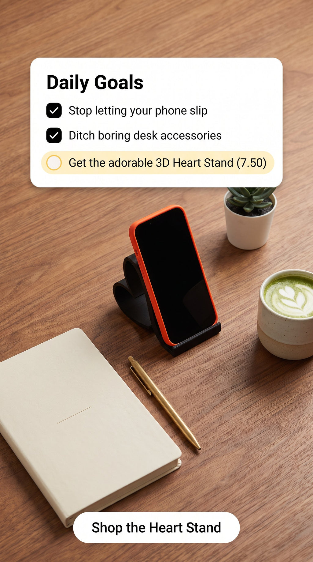 Heart phone stand on a wooden desk with promotional text