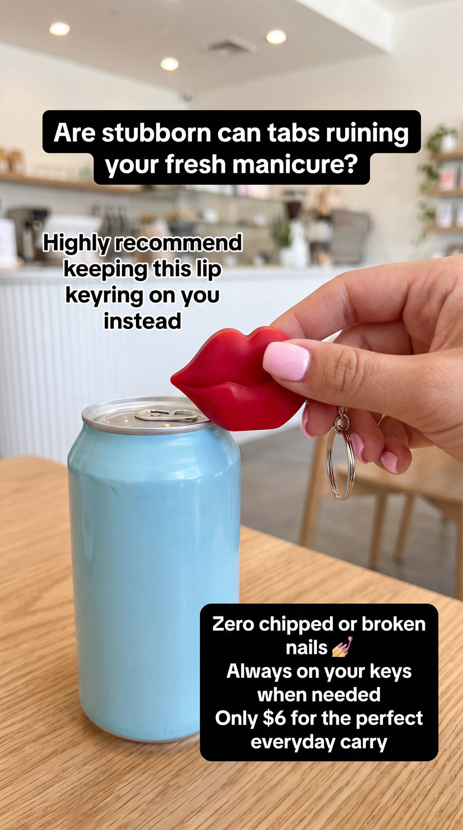 Red lips-shaped can tab opener keyring shown beside a drinks can