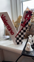Personalised 3D printed letter V with Valentino name, red racing car and chequered decoration