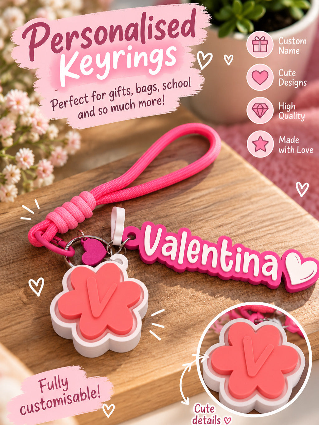 Pink personalised Valentina name keyring with a wrist strap and flower initial charm